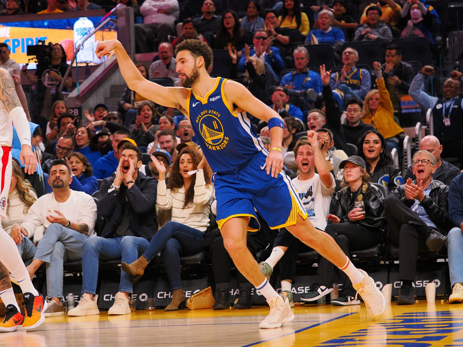 Golden State Warriors guard Klay Thompson celebrates after scoring